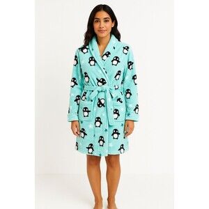Croft & Barrow Women's Mint Green Penguin Novelty Print Short Fleece Robe XL EUC